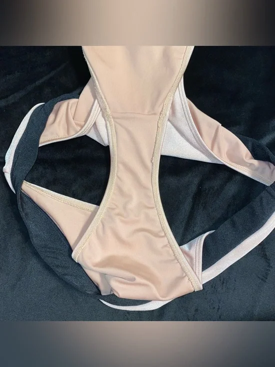 High Waisted Blush Pink Bikini Bottoms with Black Waistband - Picture 3 of 4